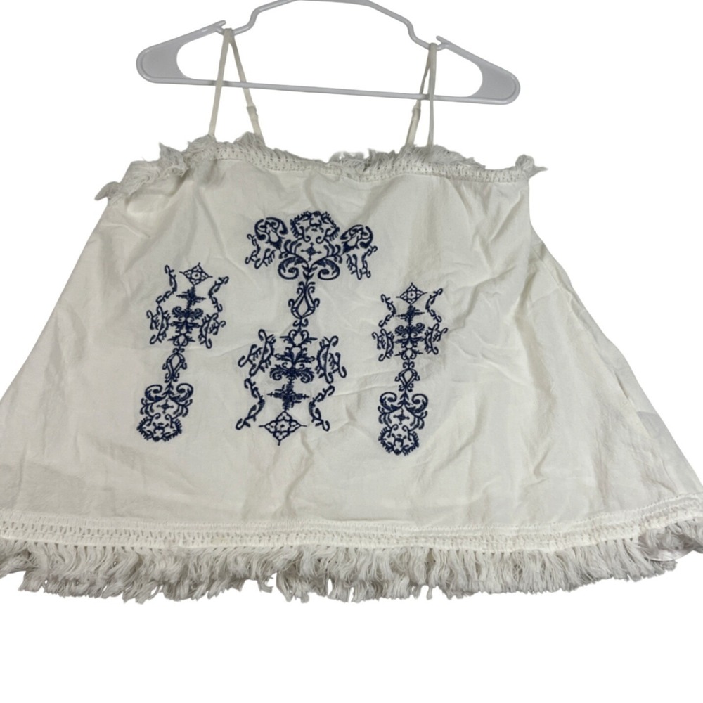SHEIN VCAY White Blue Embroidered Fringe Boho Camisole Top Large